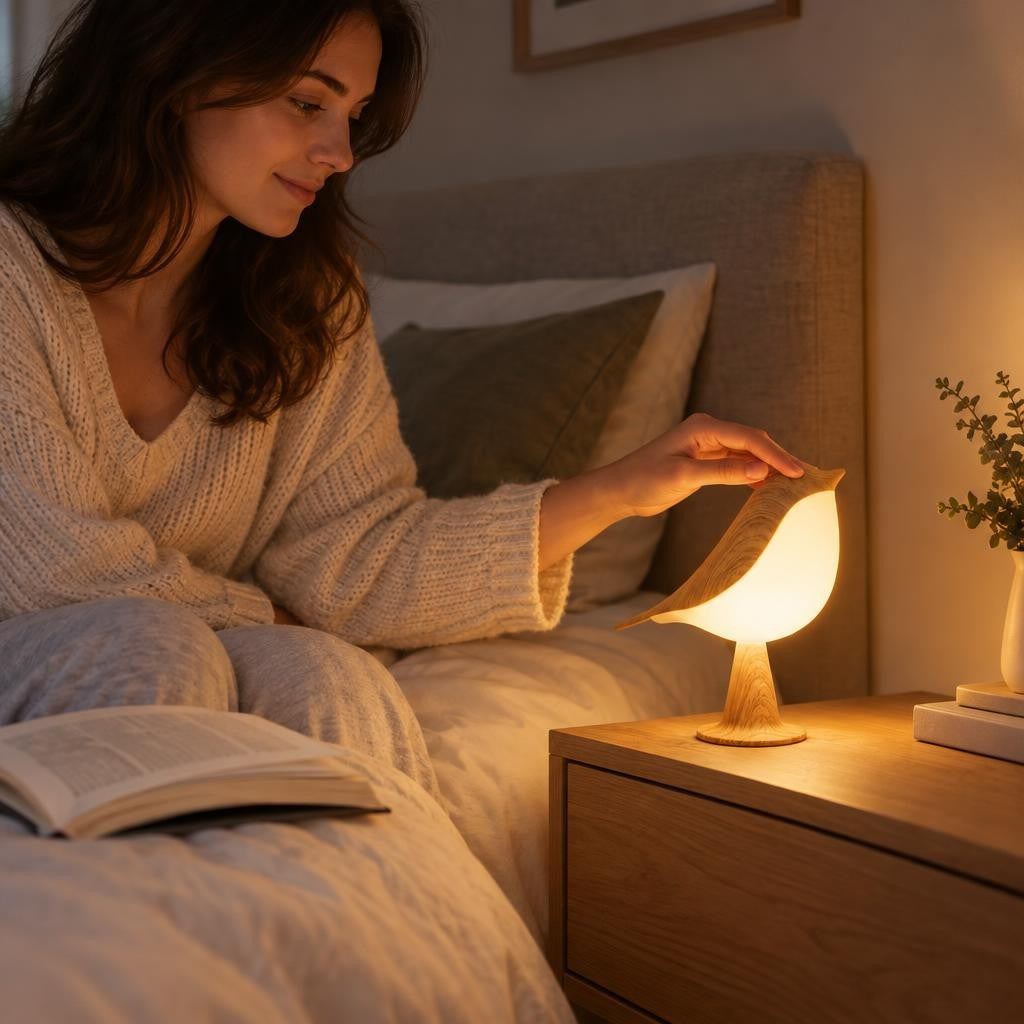 Une personne règle la lampe tactile près de son lit