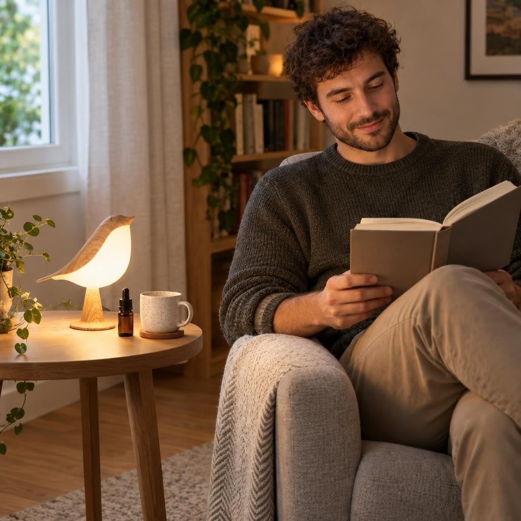 La lampe bird éclaire un coin lecture près d’un fauteuil